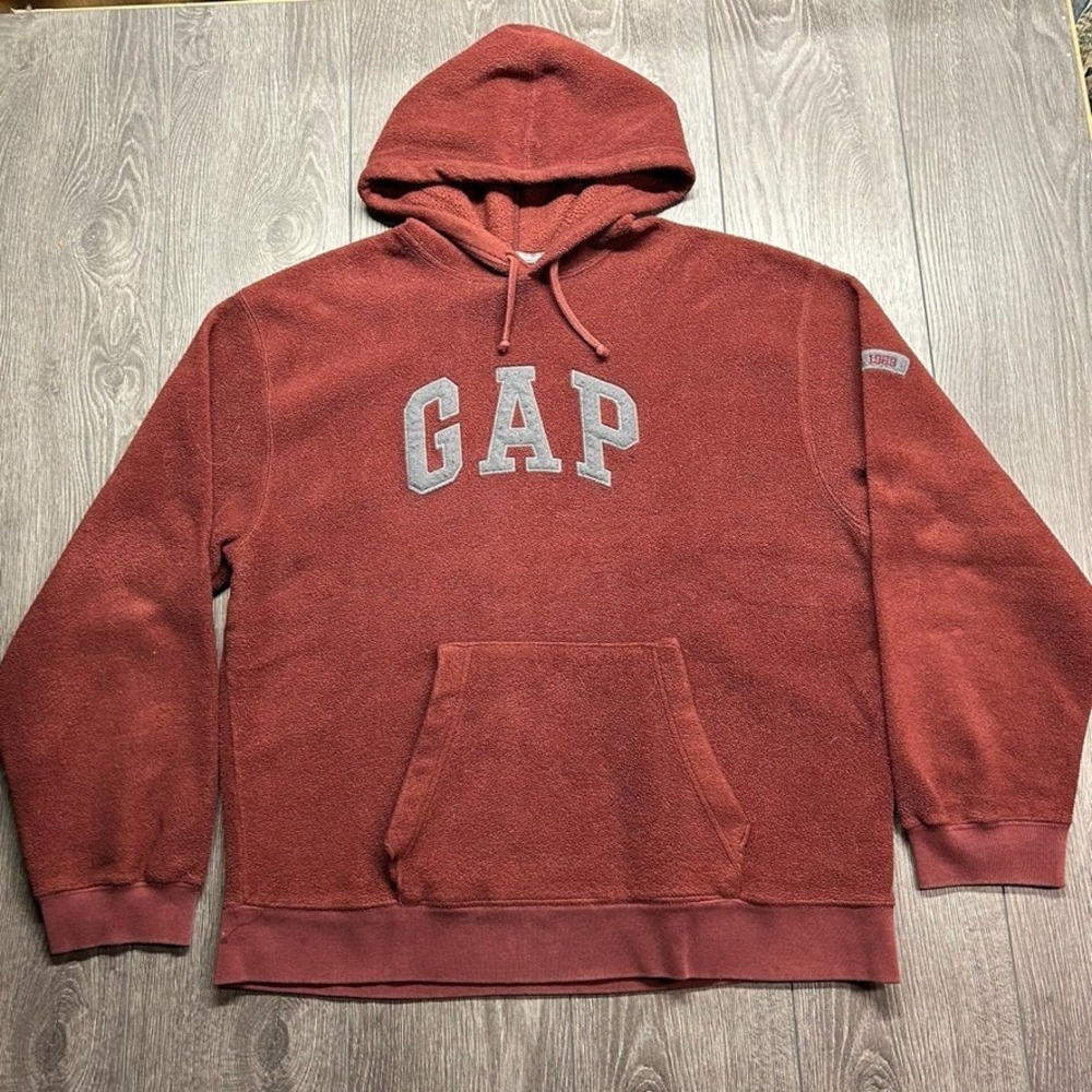 Vintage Gap Fleece Hoodie Mens XL Red Y2K Arch Logo Pullover Sweatshirt 1969